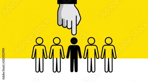 Human resources concept of hand pointing at one person in a row of people for hiring or selection
