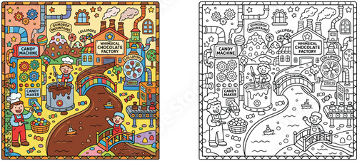 Canvas Print Whimsical Candy and Chocolate Factory Illustration with Coloring Page for Kids,