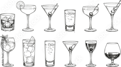 Hand drawn cocktail glass collection vector set featuring vintage line art illustrations of martini margarita whiskey shots and tropical drinks garnished with fruits.