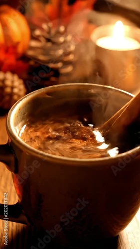Cozy Hot Drink Stirred with Cinnamon Stick in Autumn Setting