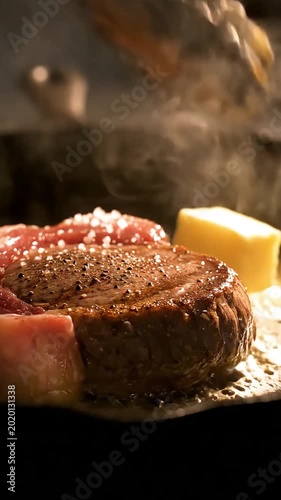 Sizzling Beef Steak Searing in Cast Iron Skillet with Butter