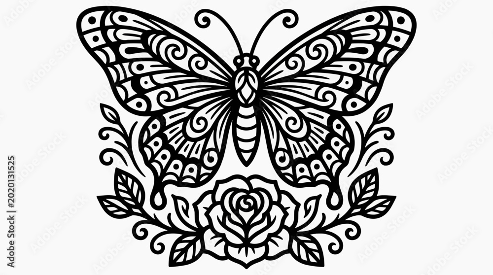 Obraz premium Intricate Black and White Butterfly and Rose Illustration with Ornamental Details
