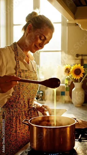 Smiling Woman Stirring Hot Pot in Sunny Rustic Kitchen
