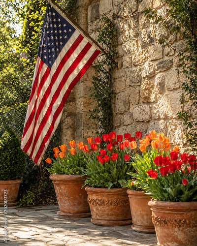 American Flag and Potted Tulips on Cobblestone Patio US flag patriotism
