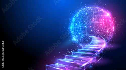 Futuristic Digital Stairway Leading To A Glowing Global Network Sphere Representing Technology Innovation And Success