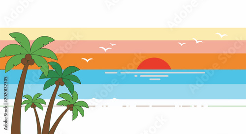 Serene sunset over ocean with palm trees and flying birds