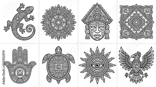Fotografie Aztec tribal vector collection featuring black and white indigenous symbols including lizard sun calendar mask hamsa hand turtle eagle and geometric patterns