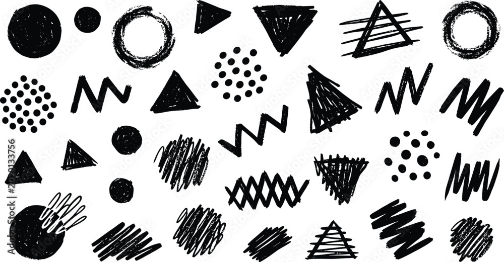 Ταπετσαρία Collection of hand drawn black charcoal geometric shapes including circles triangles zigzags and dots with textured sketchy lines isolated on white background vector illustration