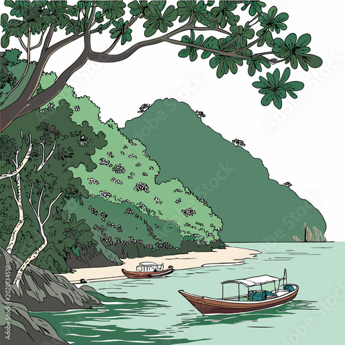 Billede på lærred tropical bay scene with boats and lush vegetation vector illustration