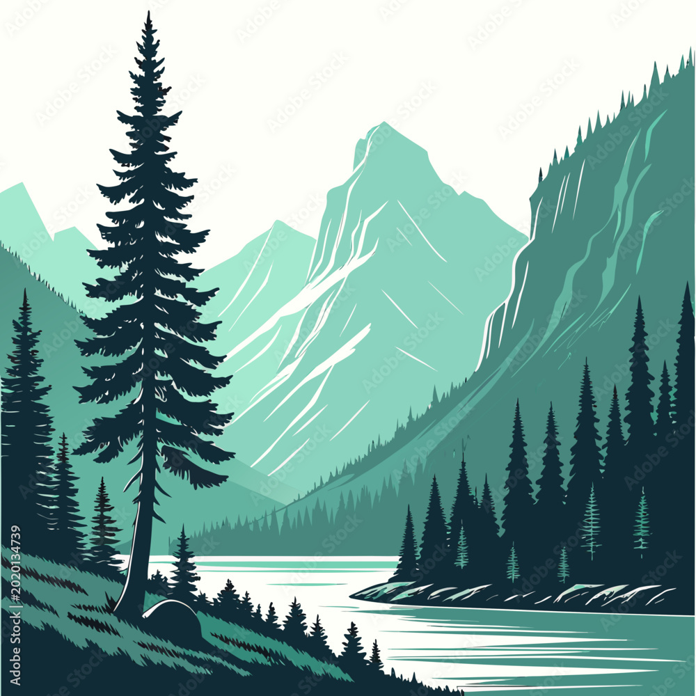 Φωτογραφία mountain landscape with pine trees and lake vector illustration