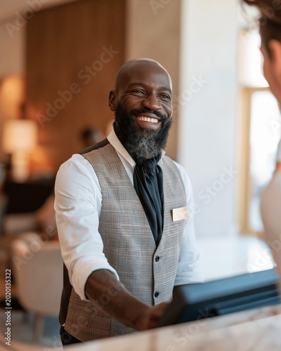 Friendly hotel receptionist welcoming guest at reception desk