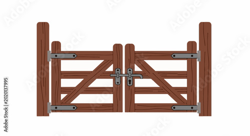 Rustic wooden farm gate with metal hardware on a white background