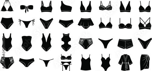 Fotografie Black silhouette icons of women’s lingerie and swimwear including bras, panties,