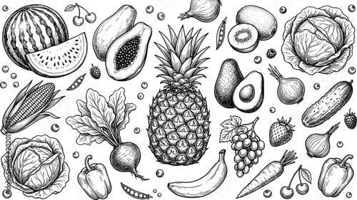 Bild auf Leinwand Black and White Hand Drawn Fruits and Vegetables Collection with Pineapple Water