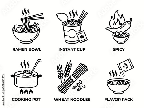 Set of ramen and noodle icons, vector illustration