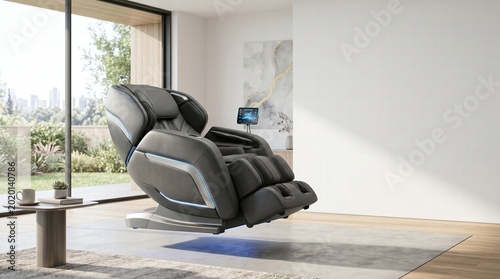 a luxurious ergonomic zero-gravity massage chair levitating slightly in a modern, sunlit minimalist room.High definition. Area for copy space