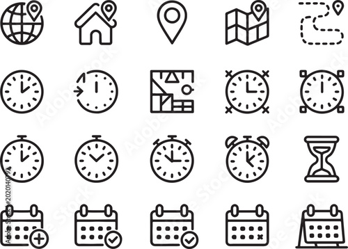 Set of black hand drawn icons for navigation time and calendar planning