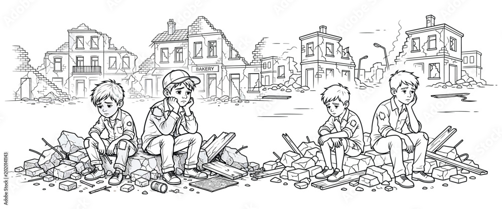 Fototapeta premium Sad children sitting amidst rubble and destroyed buildings symbolizing war aftermath and displacement.