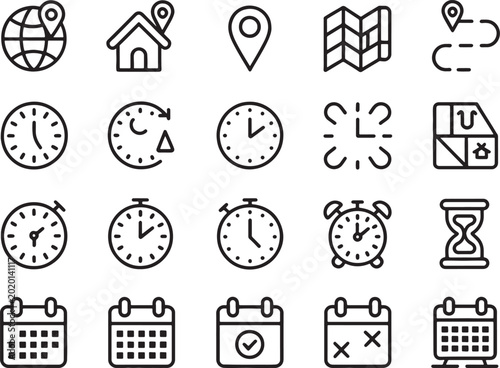 Set of hand drawn icons for navigation time and calendar schedule planning