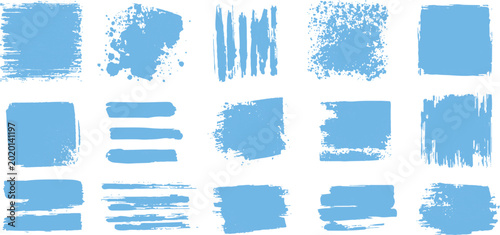 Collection of light blue paint brush strokes watercolor smears and grunge square textures vector illustration.