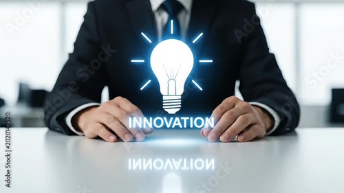 Businessman in suit with glowing lightbulb and word innovation on virtual screen