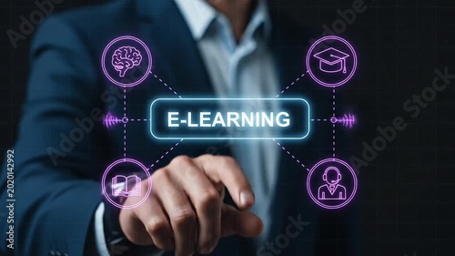 Businessman touching an E-learning interface with for brain and graduation cap