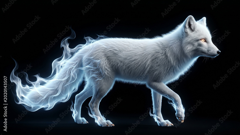 Fototapeta premium Elegant arctic fox with white fur gradually transitioning into pale blue white ethereal ghost flame tail and paw tips with glowing amber eyes on pure black background