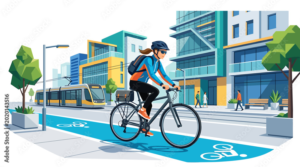 Fototapeta premium Woman cycling on a dedicated bike lane in a modern city with buildings and a tramway