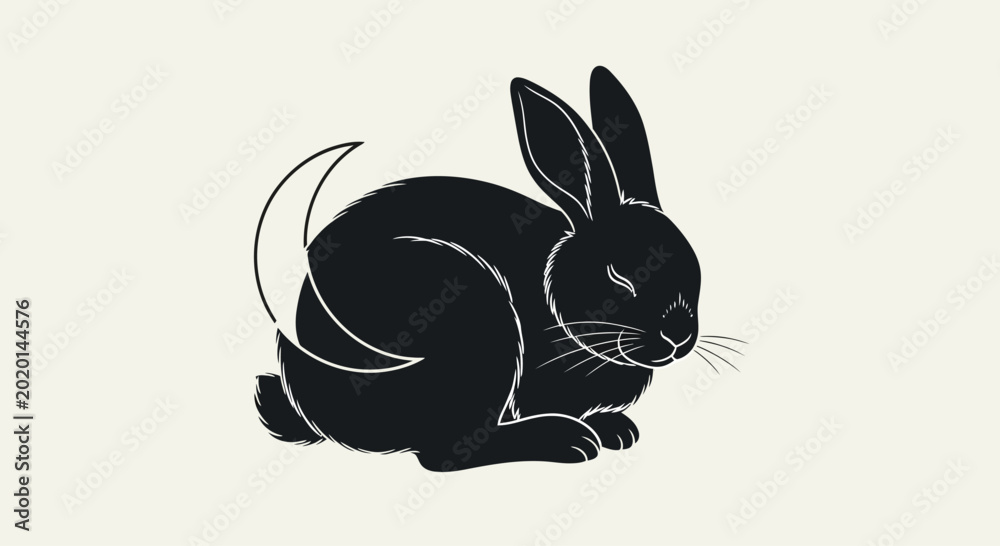 Obraz premium Black rabbit silhouette with crescent moon tail on a light background