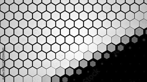 abstract animation featuring a mesmerizing grid of hexagons. The geometric pattern transitions from black to white and back, creating a futuristic and modern visual experience.