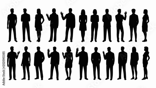 Standing People Silhouettes Vector Set, Male and Female Full Body Front View Collection
