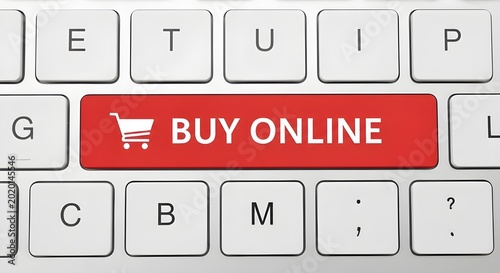 E-commerce: Close-up of a Keyboard with a Red 'BUY ONLINE' Button and Shopping Cart Icon, Signifying Digital Shopping