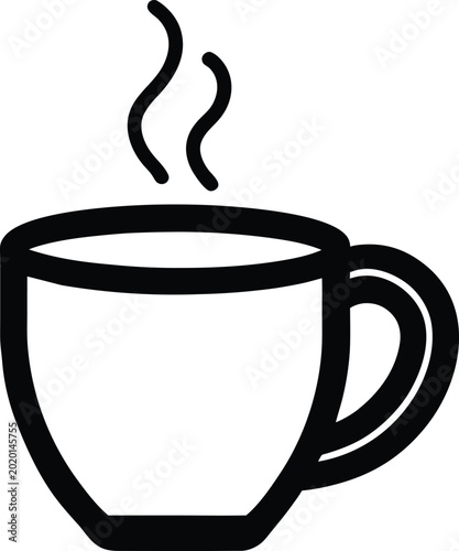 Minimalist coffee cup icon vector, black line art steaming hot beverage mug, simple cafe drink symbol for restaurant menu and web design