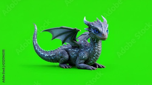 Adorable Baby Dragon Figurine on Green Screen Background.