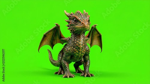 Adorable Baby Dragon Figurine on Green Screen, Fantasy Creature Concept.