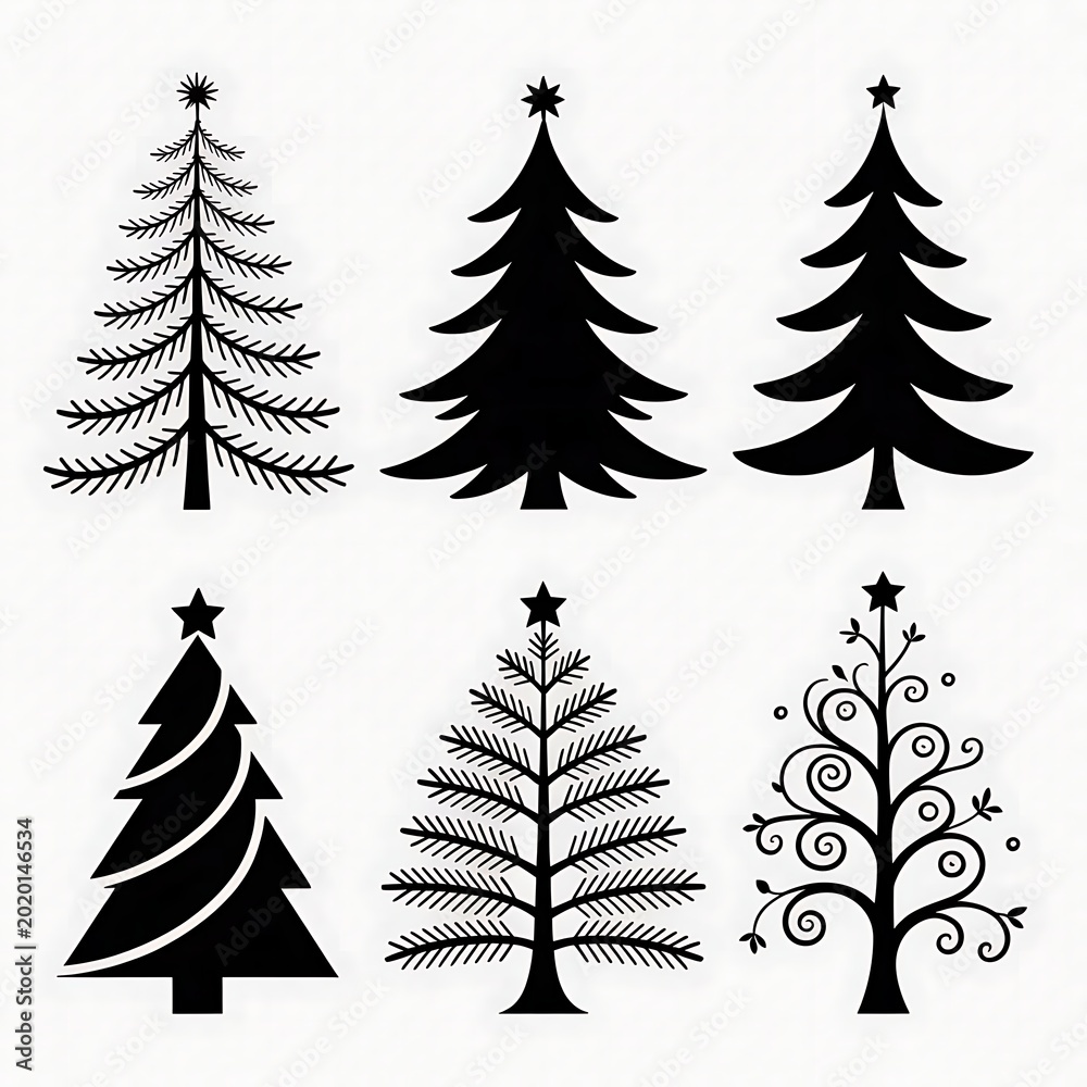 Obraz premium Christmas tree icons, black silhouette trees, festive holiday symbols, decorative evergreen illustrations