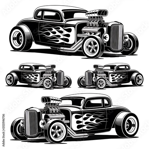 Vintage hot rod cars, flame decals, black and white illustrations, 5 vehicle graphics