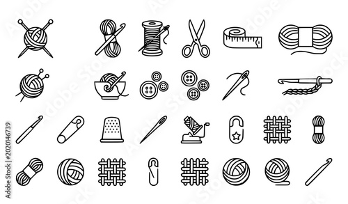 Εκτύπωση καμβά Modern Crochet Yarn and Knitting Needle Line Art Vector Icons for Textile Craft