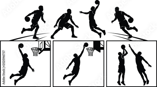 Photos Basketball player silhouettes performing dynamic actions including dribbling, ju