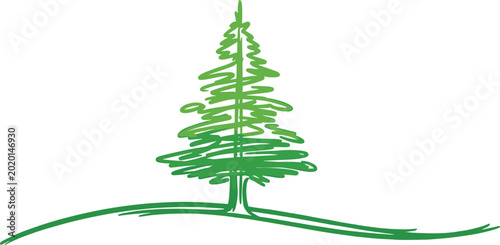 Bilde på lerret Hand drawn green pine tree doodle, minimalist Christmas fir sketch on hill, eco