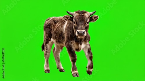 Brown and White Calf Standing on Green Screen Background.