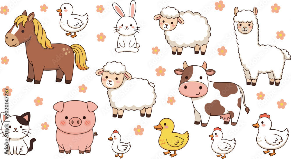 Fototapeta premium Cute Farm Animal Cartoon Collection with Horse Sheep Cow Pig Rabbit Chicken Cat and Alpaca Character Illustrations for Kids
