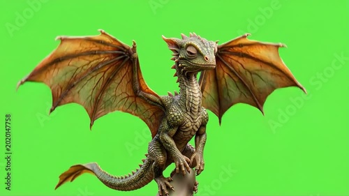 Dragon figurine with wings on a green screen background for compositing.