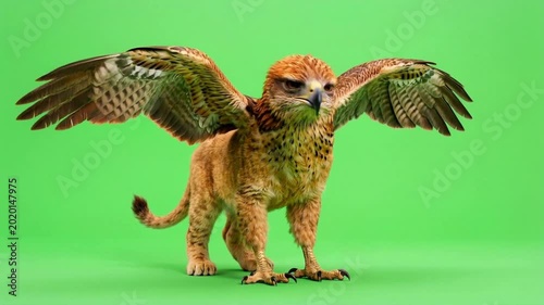 Fantasy creature with bird wings and cat body on green screen.