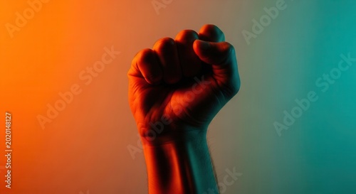 A clenched fist symbolizing strength and determination against a gradient backdrop