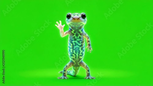 Lizard walking on two legs against green screen background, animal behavior.