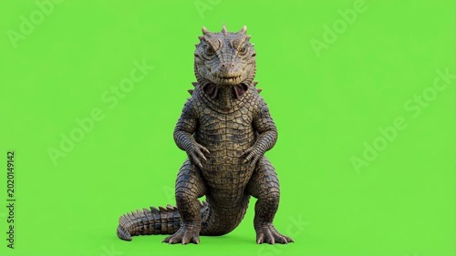 Lizard-like Creature Standing on Green Screen Background, Animation Ready.