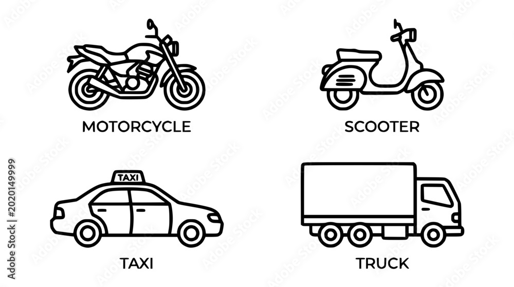 Fototapeta premium Motorcycle, Scooter, Taxi, Truck Icons: Transportation and Vehicle Set