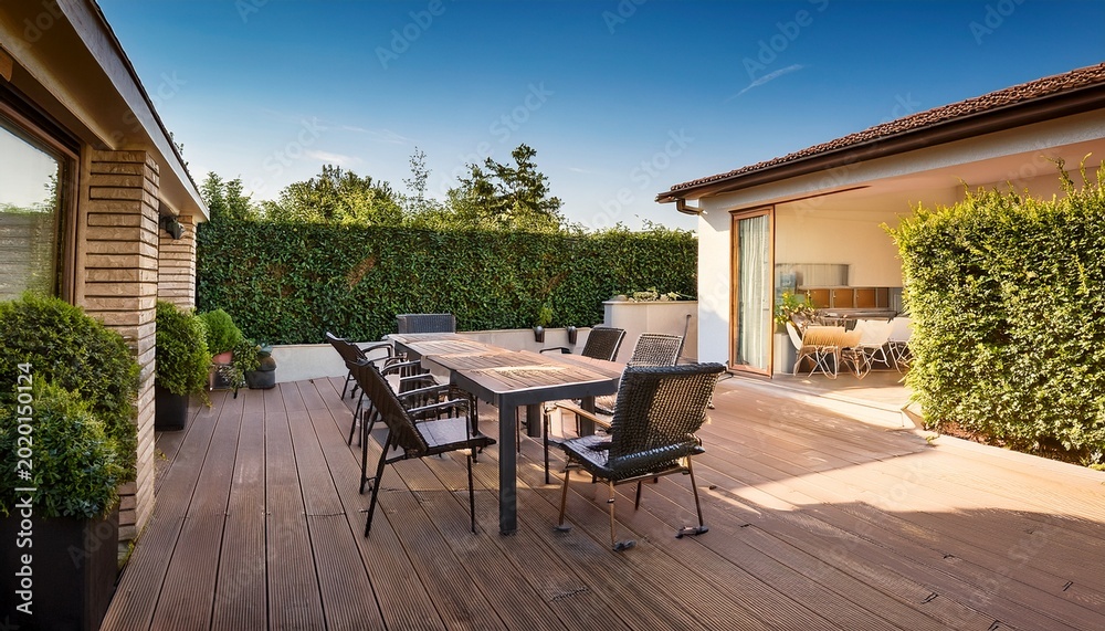 Fototapeta premium relaxation area in the backyard of the villa patio with grill table and chairs for guests