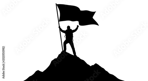 Tableau sur toile man with flag on mountain peak black silhouette